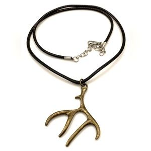 Bronze Tone Deer Antler Pendant on Black Cord Necklace 16”
